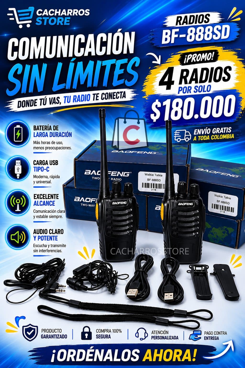 Radios 888SD Baofeng x 4 und Carga Usb Tipo C